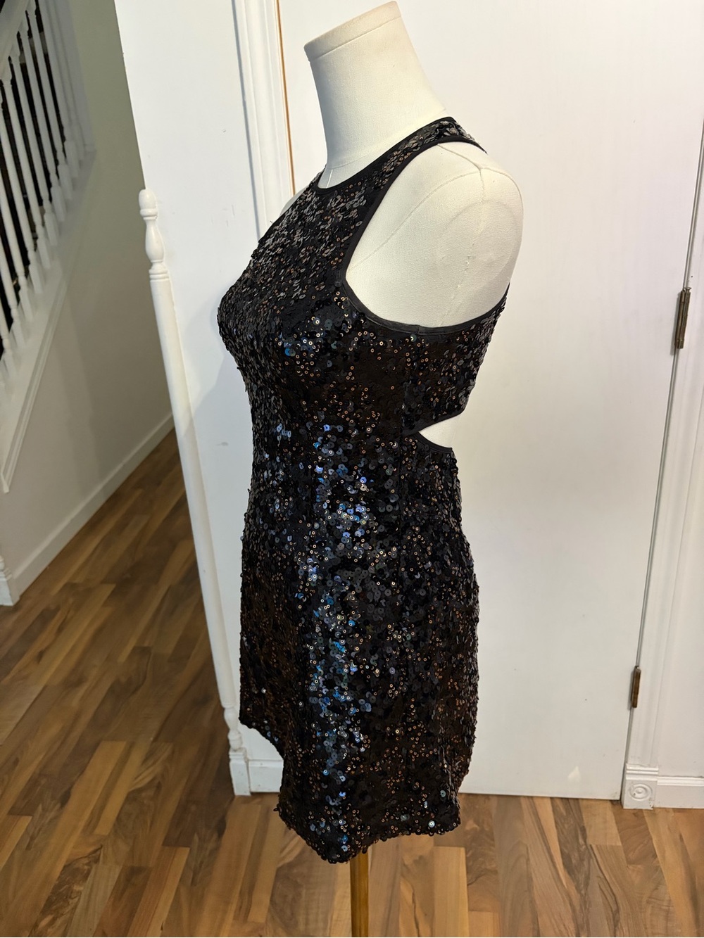 NBD Black / Gold Sequin Cutout Zip Details Party Mini Dress,  XXS, Like New